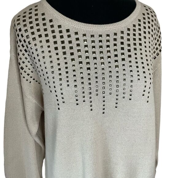 Christopher & Banks Sweater Women's size L Tan 3/4 Sleeves Brass Stud Accent - Picture 2 of 10
